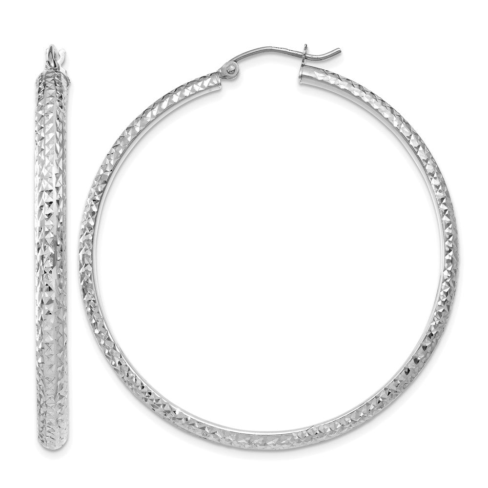 14K White Gold Diamond-cut 3.5x46mm Hollow Hoop Earrings