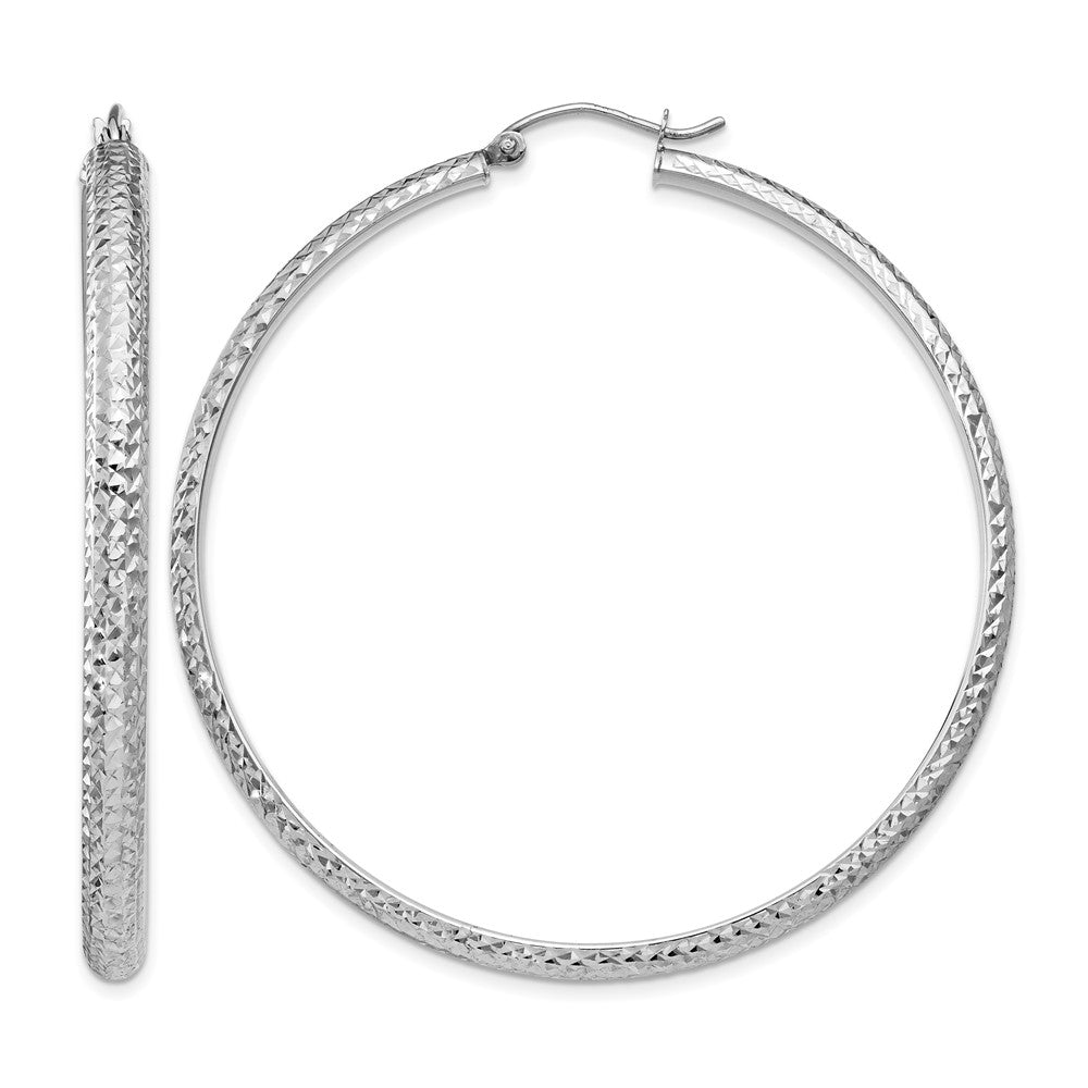 14K White Gold Diamond-cut 3.5x52mm Hollow Hoop Earrings