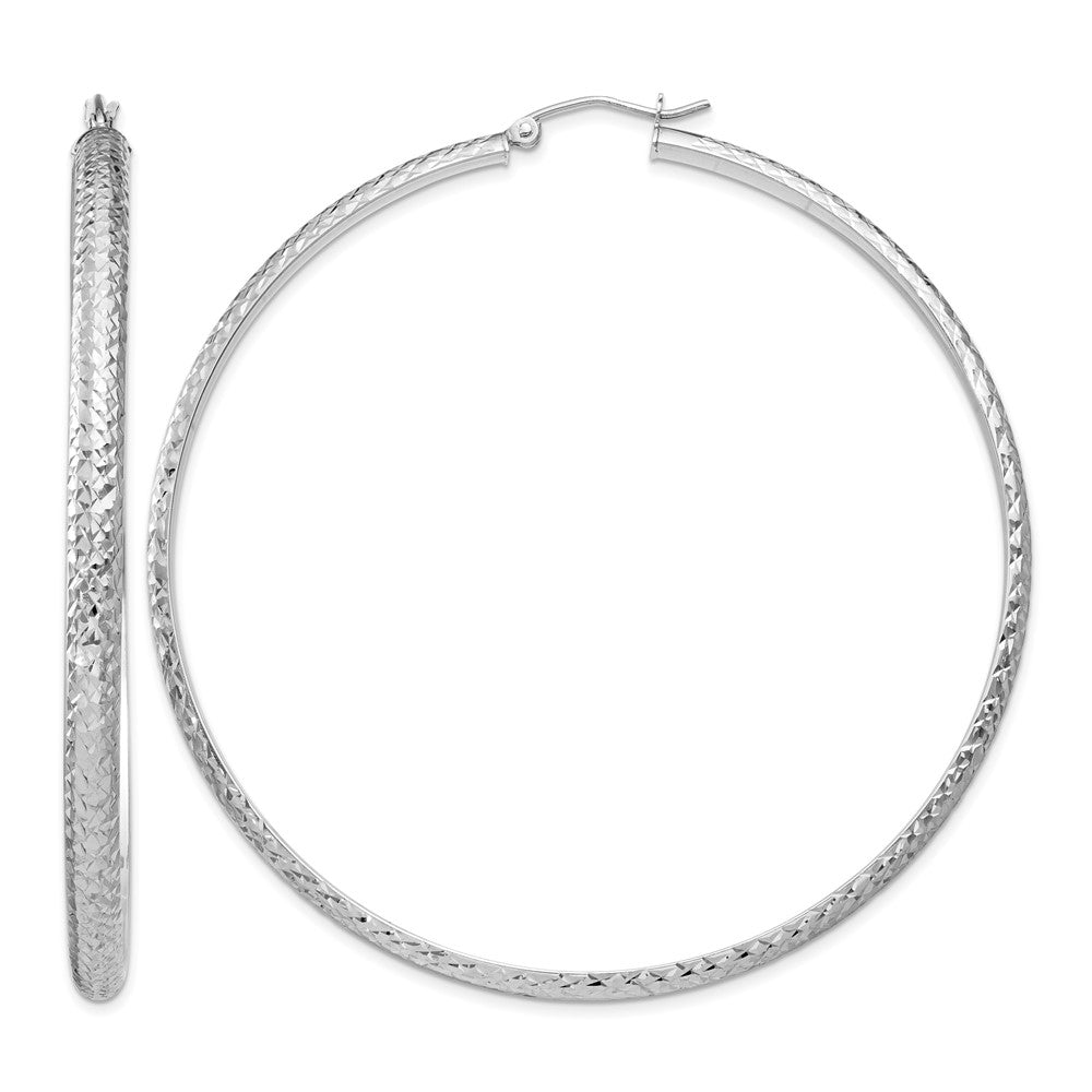 14K White Gold Diamond-cut 3.5x65mm Hollow Hoop Earrings