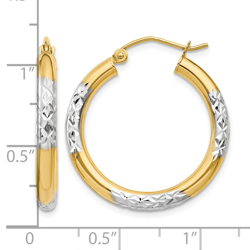 14K and Rhodium Diamond-cut 3x25mm Hoop Earrings