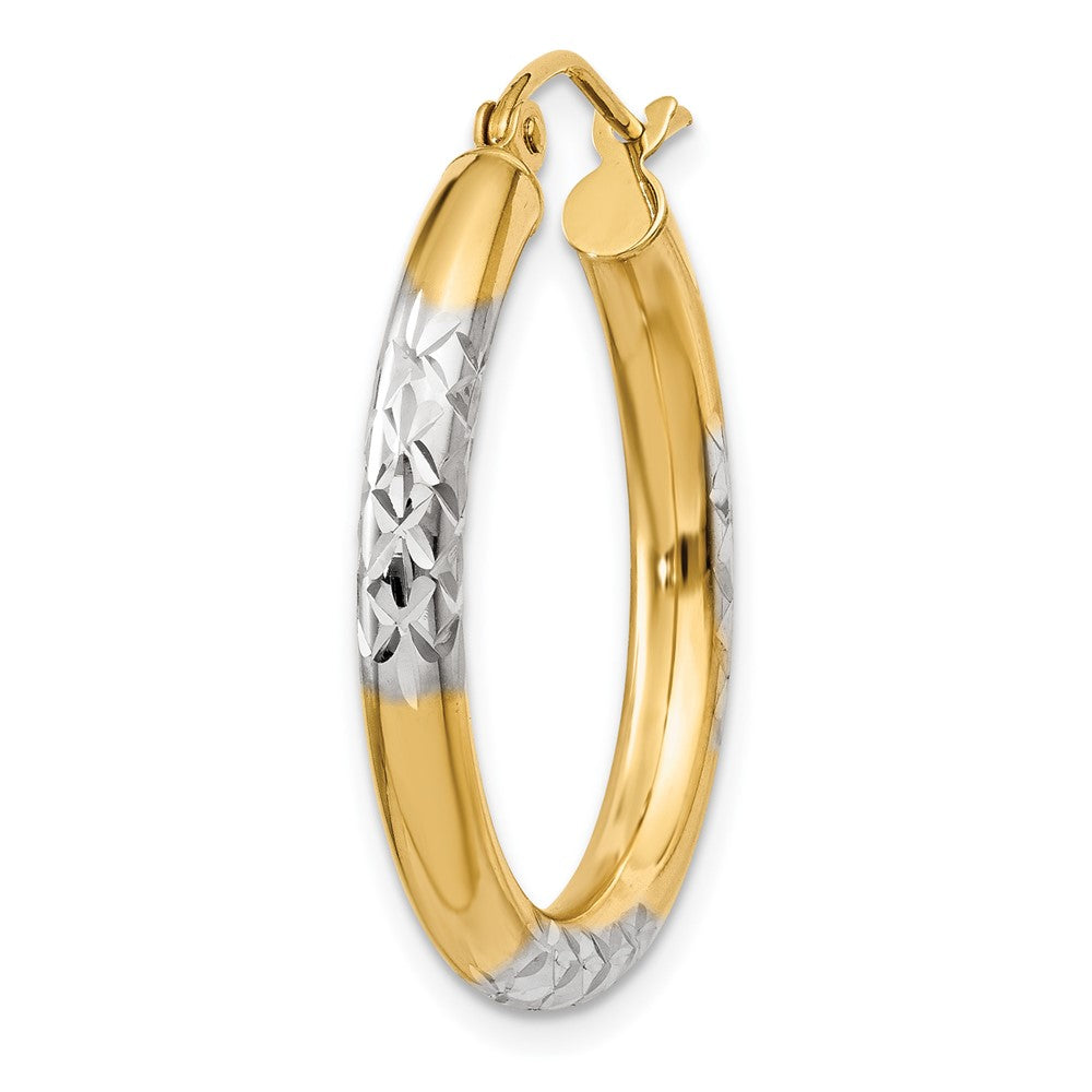 Single 14K and Rhodium Diamond-cut 3x25mm Hoop Earring