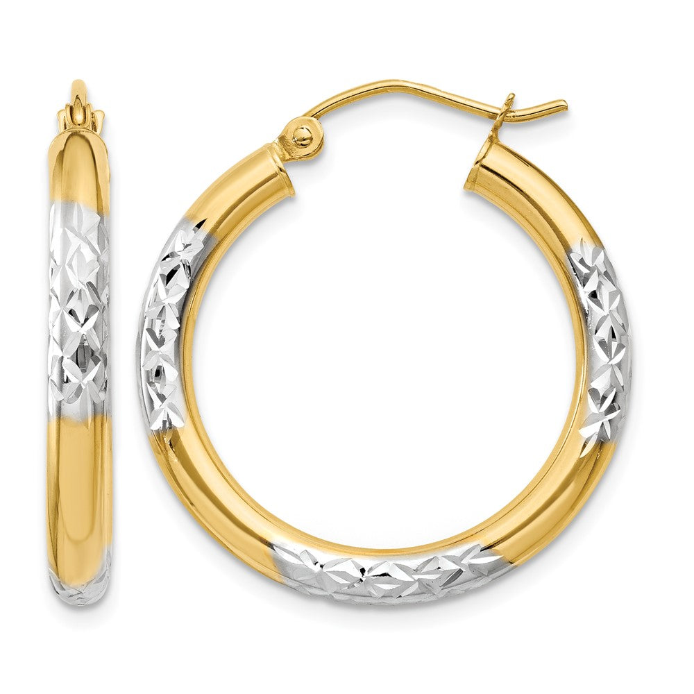 14K and Rhodium Diamond-cut 3x25mm Hoop Earrings