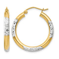 14K and Rhodium Diamond-cut 3x25mm Hoop Earrings