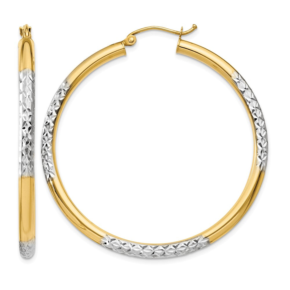 14K and Rhodium Diamond-cut 3x45mm Hoop Earrings