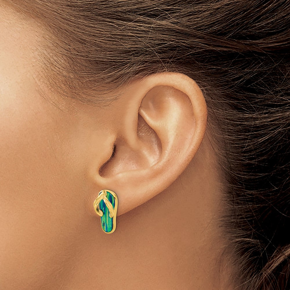 14k Polished w/Created Blue Opal Flip Flop Post Earrings