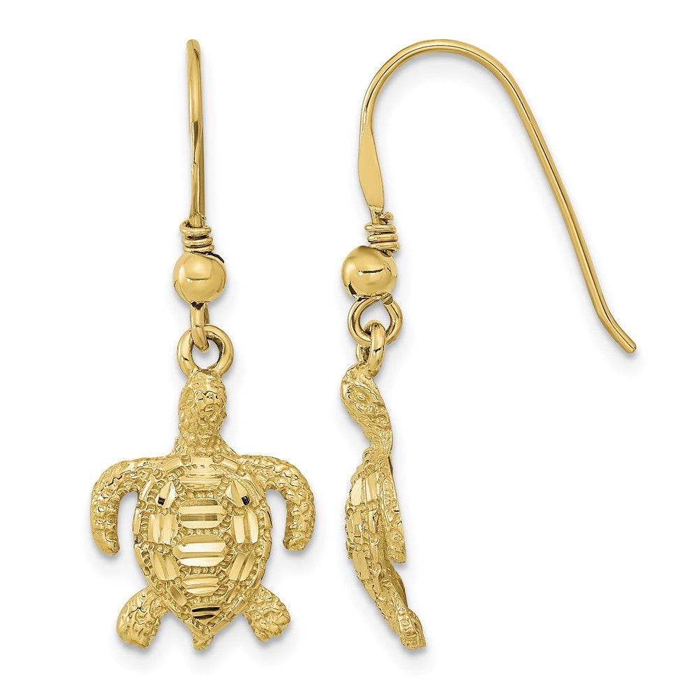 14k Polished & Textured Diamond-cut Turtle Shepherd Hook Earrings