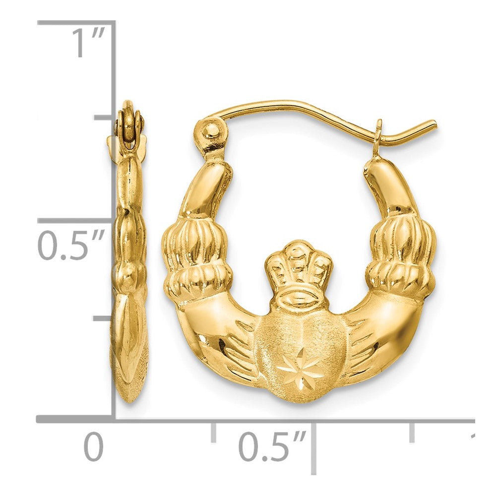 14k Polished and Satin Claddagh Hoop Earrings