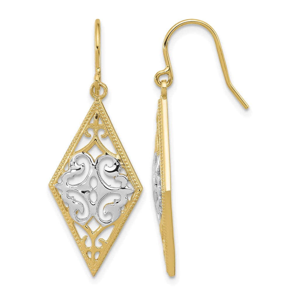 14K & Rhodium Diamond Shape Filigree Dangle Earrings