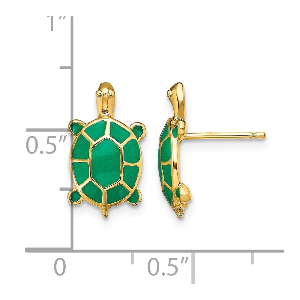 14K Land Turtle W/Green Enamel Shell Earrings