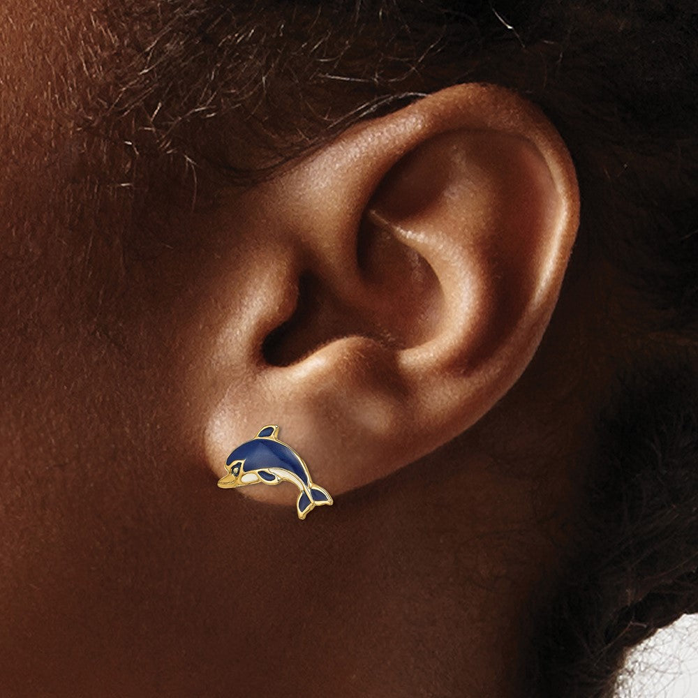 14K Blue and White Enamel Dolphin Post Earrings