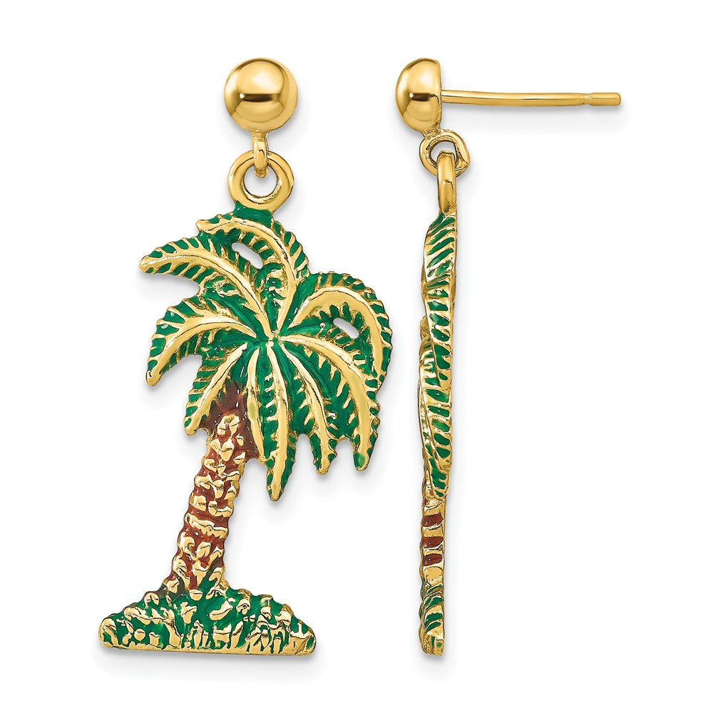 14K w/ Enamel Palm Tree Dangle Earrings