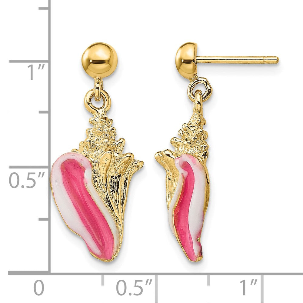 14K White and Pink Enamel Conch Shell Dangle Earrings