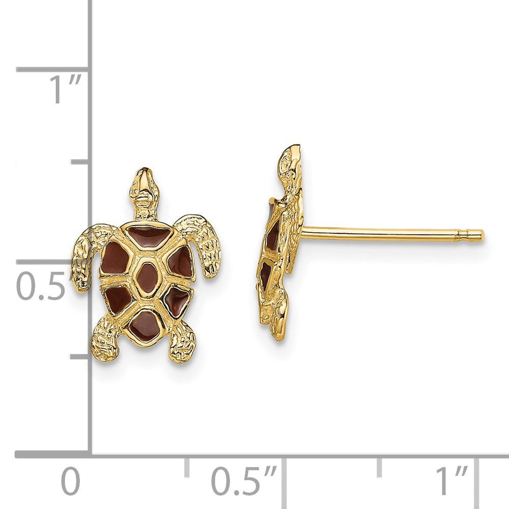 14K Sea Turtle W/Brown Enamel Shell / Textured Post Earrings