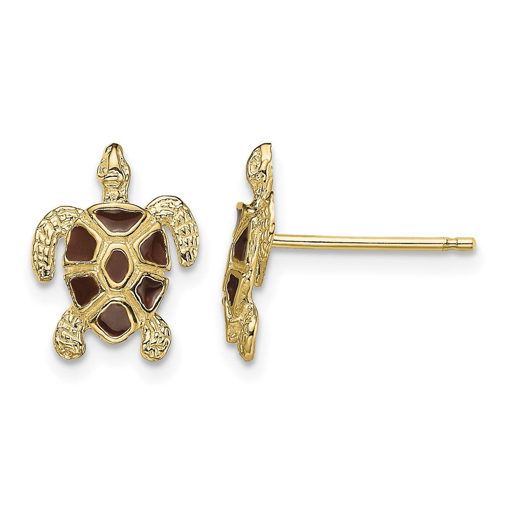 14K Sea Turtle W/Brown Enamel Shell / Textured Post Earrings