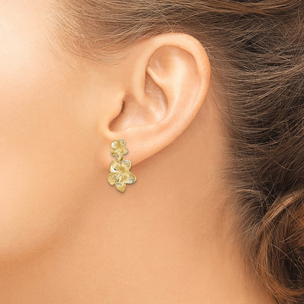 14K Double Plumeria Flower Post Dangle Earrings