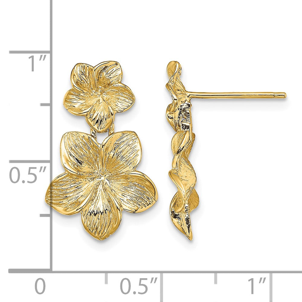 14K Double Plumeria Flower Post Dangle Earrings
