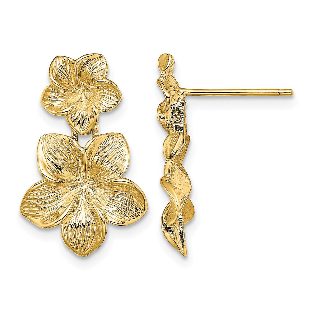 14K Double Plumeria Flower Post Dangle Earrings