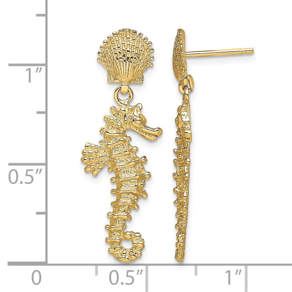 14K Seahorse Dangling From Shell Earrings