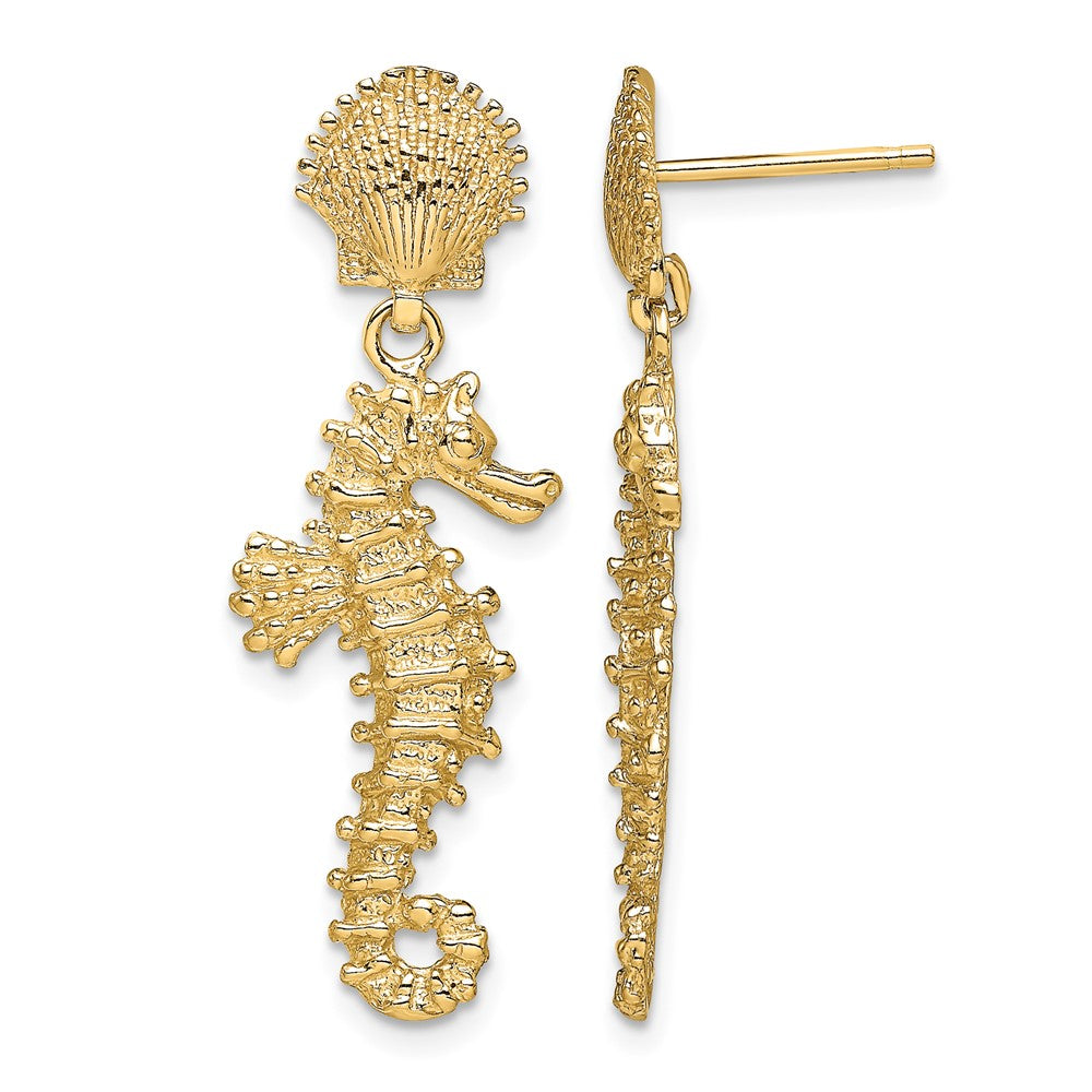 14K Seahorse Dangling From Shell Earrings