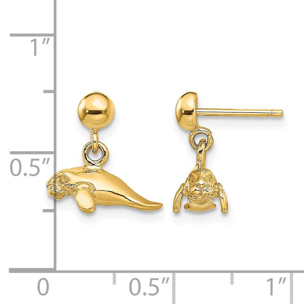 14K 3-D Polished Mini Manatee Dangle Earrings