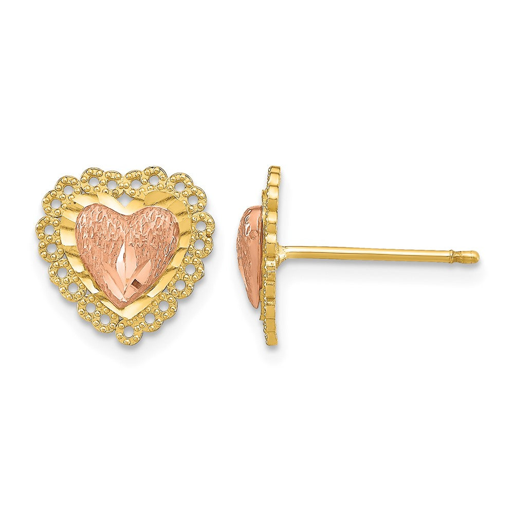 14k Two-Tone D/C Heart w/ Lace Trim Post Earrings