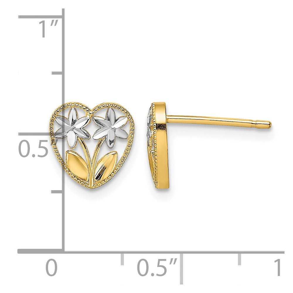 14k w/ Rhodium D/C Flower and Heart Post Earrings