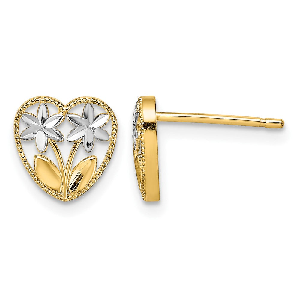 14k w/ Rhodium D/C Flower and Heart Post Earrings
