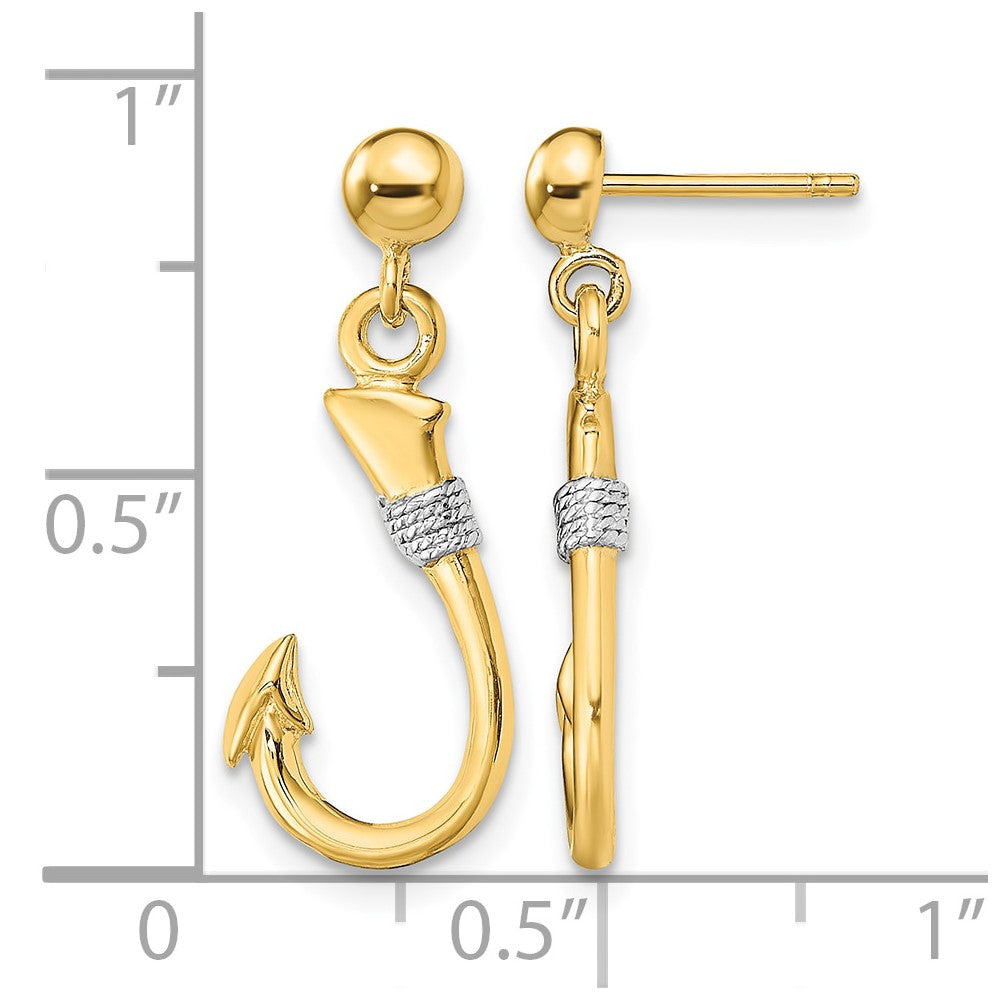 14K w/Rhodium 3-D Fish Hook W/ Rope Dangle Earrings