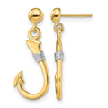 14K w/Rhodium 3-D Fish Hook W/ Rope Dangle Earrings