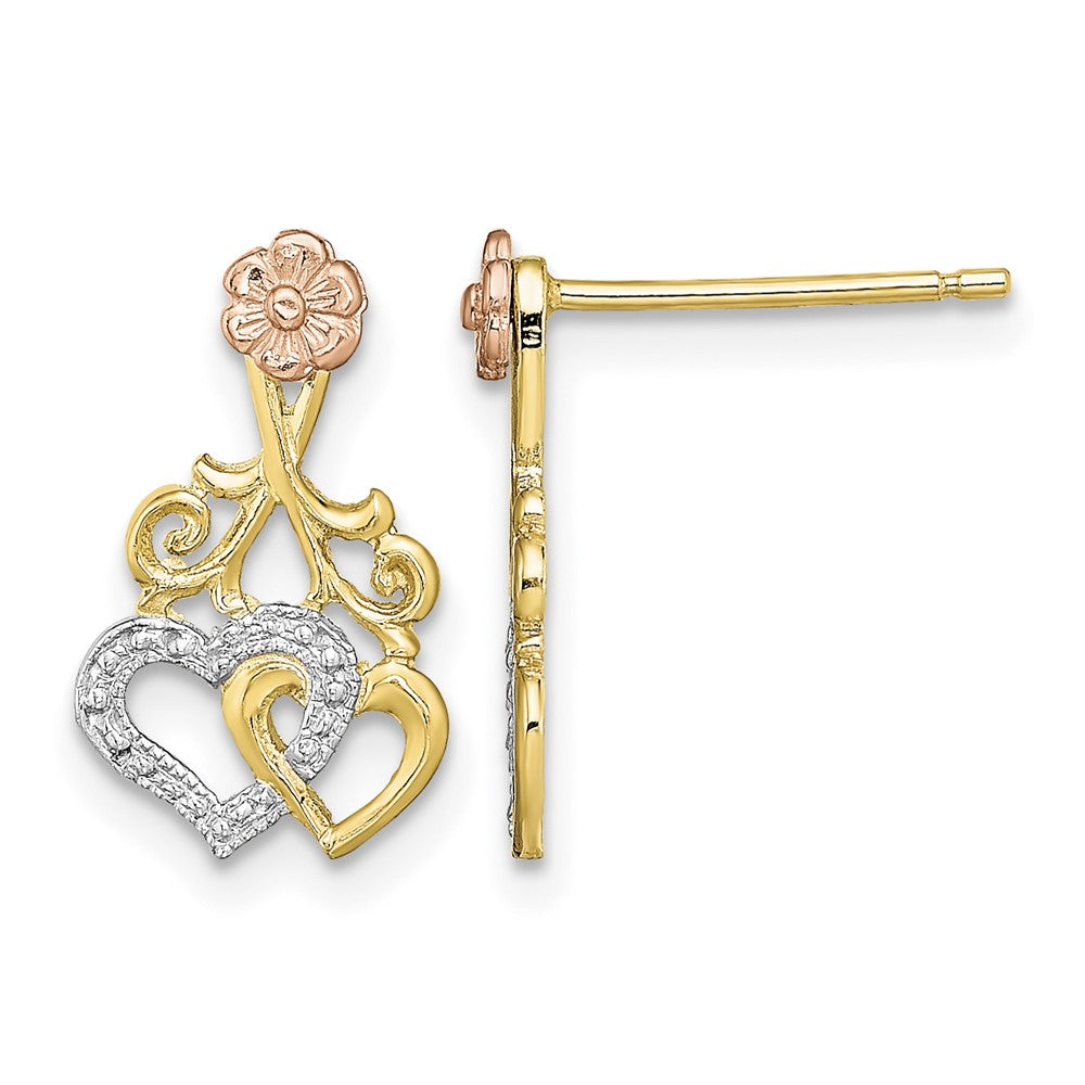 14k Two-tone w/White Rhodium Hearts and Flower Post Earrings