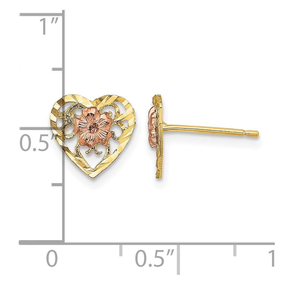 14k Two-Tone D/C Heart and Flower Earrings