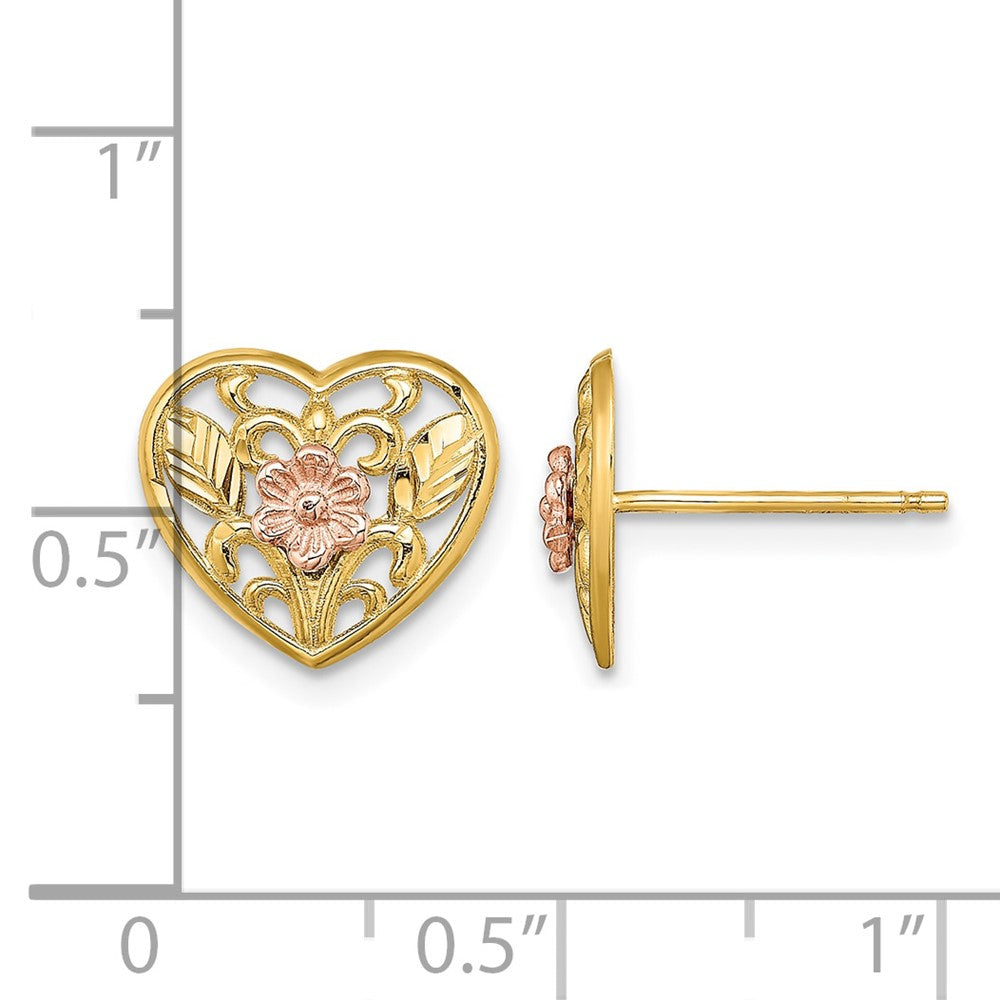 14K Two-tone Polished Floral in Heart Post Earrings