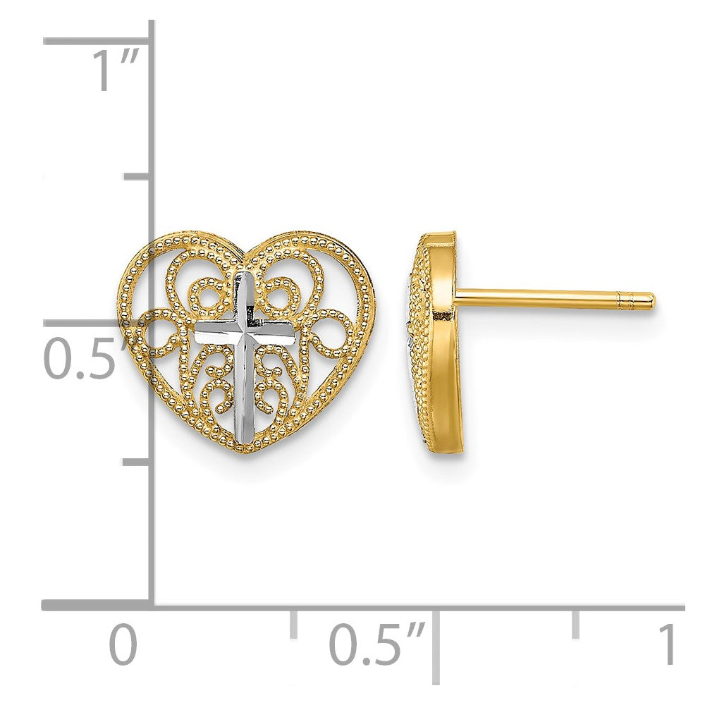 14K w/Rhodium Filigree Cross Center Heart Post Earrings