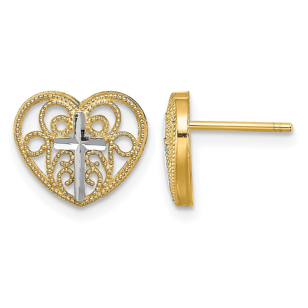 14K w/Rhodium Filigree Cross Center Heart Post Earrings
