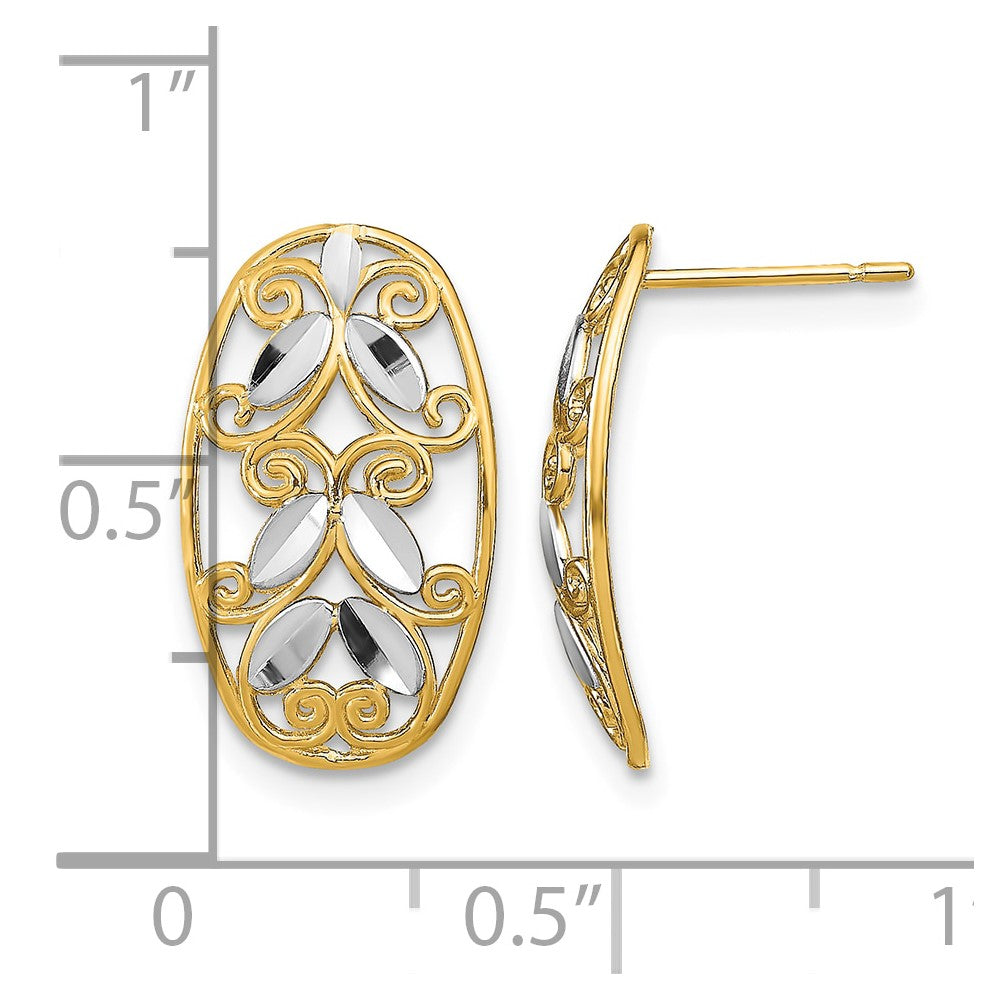 14K w/Rhodium Oval D/C Filigree Post Dangle Earrings