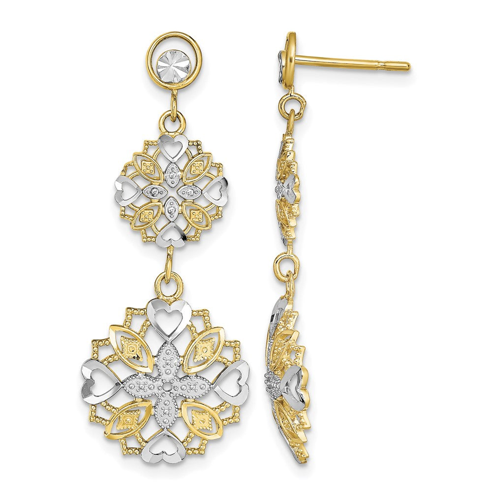 14k w/ Rhodium D/C Flower & Heart Dangle Earrings