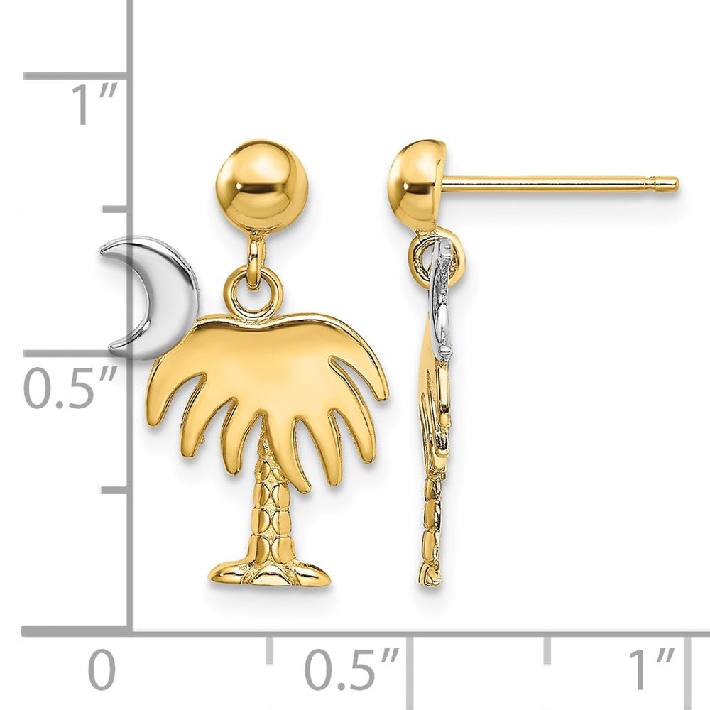 14K W/ Rhodium Charleston Palm Tree w/ Moon Dangle Earrings