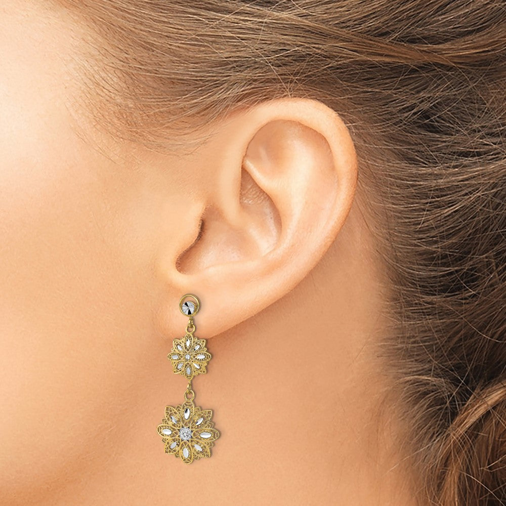14K w/Rhodium D/C Filigree Floral Post Dangle Earrings