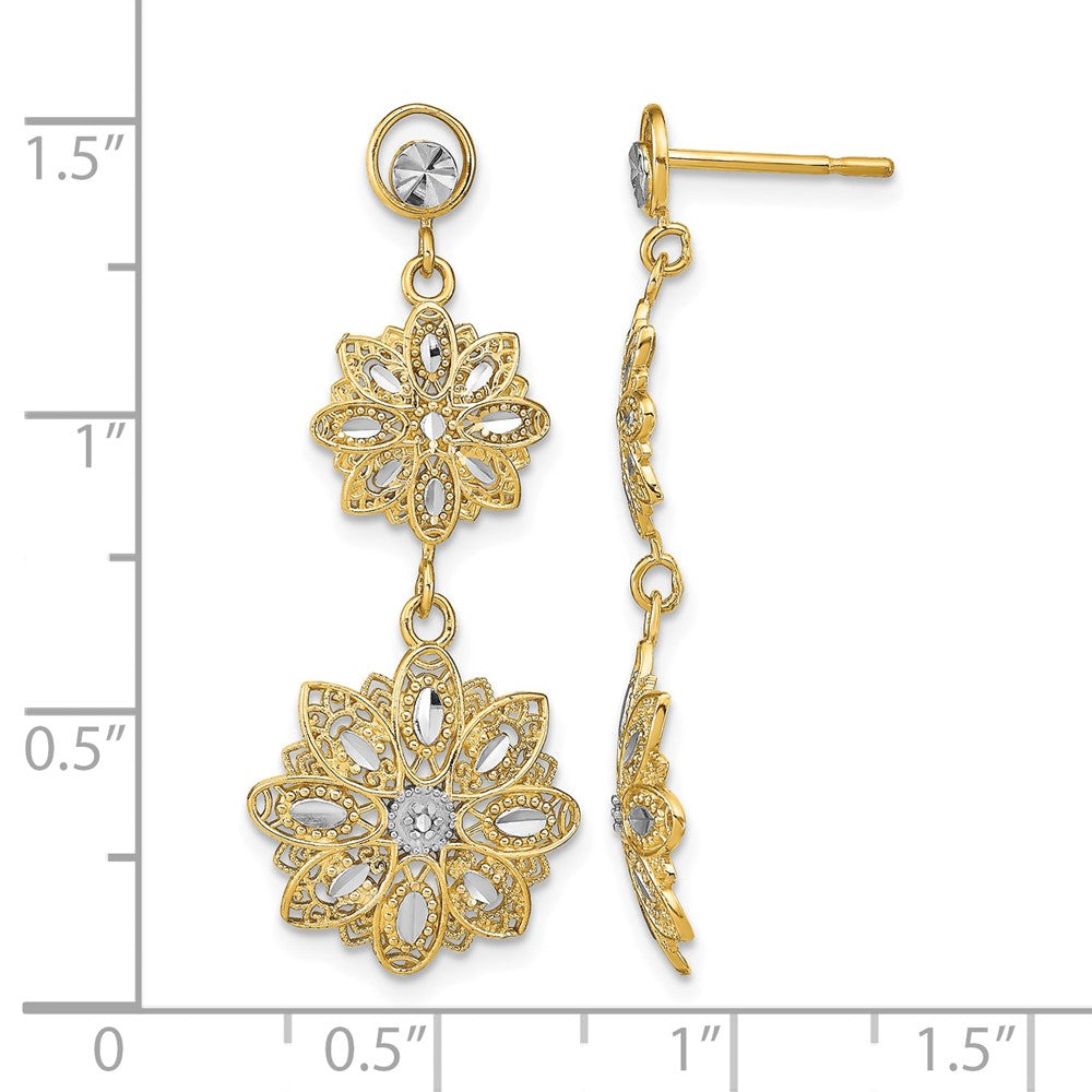 14K w/Rhodium D/C Filigree Floral Post Dangle Earrings