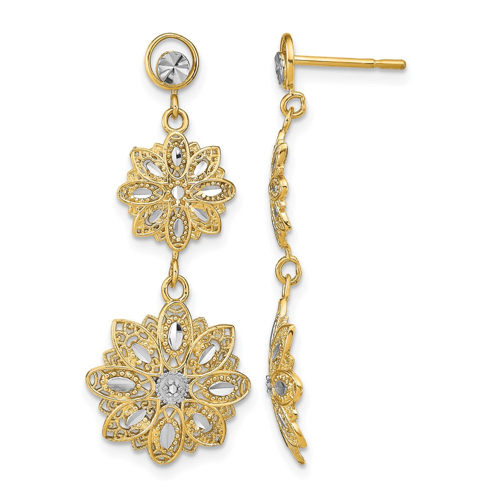 14K w/Rhodium D/C Filigree Floral Post Dangle Earrings