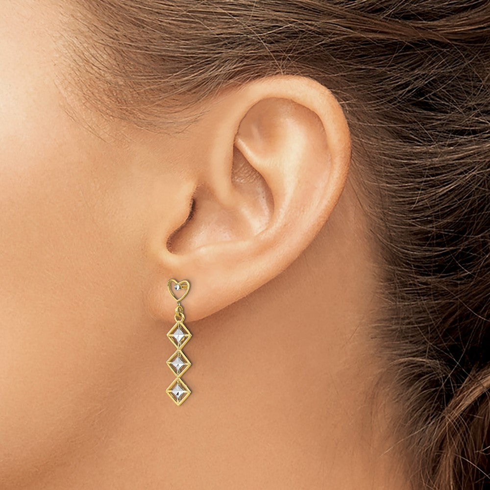 14k w/RH D/C Heart and Diamond Shape Post Dangle Earrings