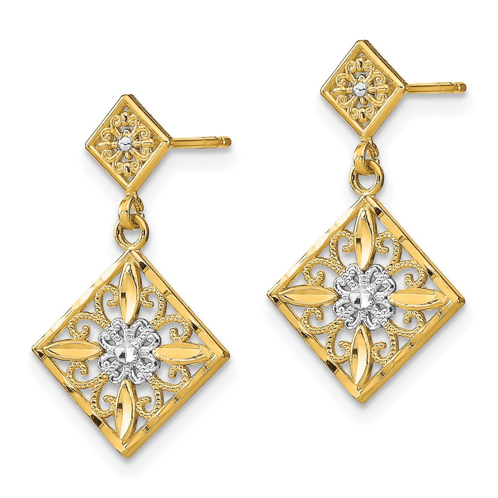 14K w/Rhodium D/C Square Filigree Dangle Earrings
