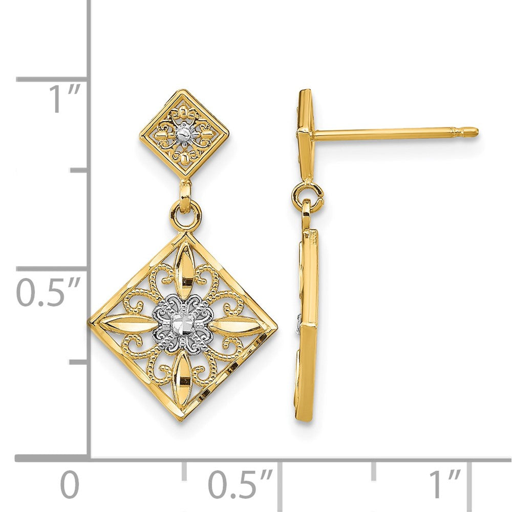 14K w/Rhodium D/C Square Filigree Dangle Earrings
