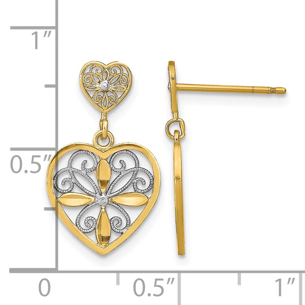 14k w/RH Flower and Heart Beaded Filigree Dangle Earrings