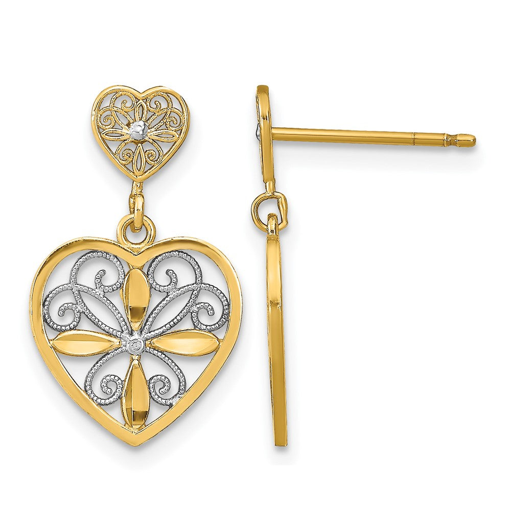 14k w/RH Flower and Heart Beaded Filigree Dangle Earrings