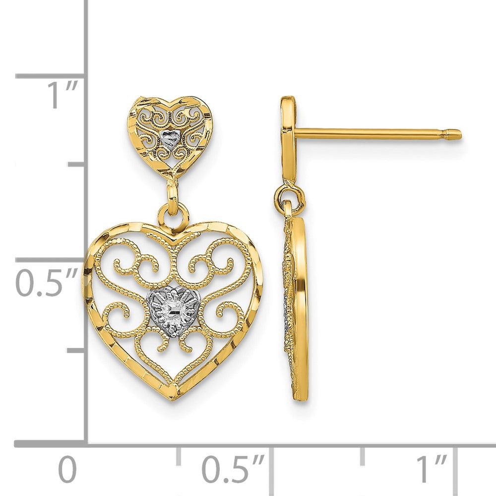14k w/ RH Heart Beaded Filigree Dangle Earrings