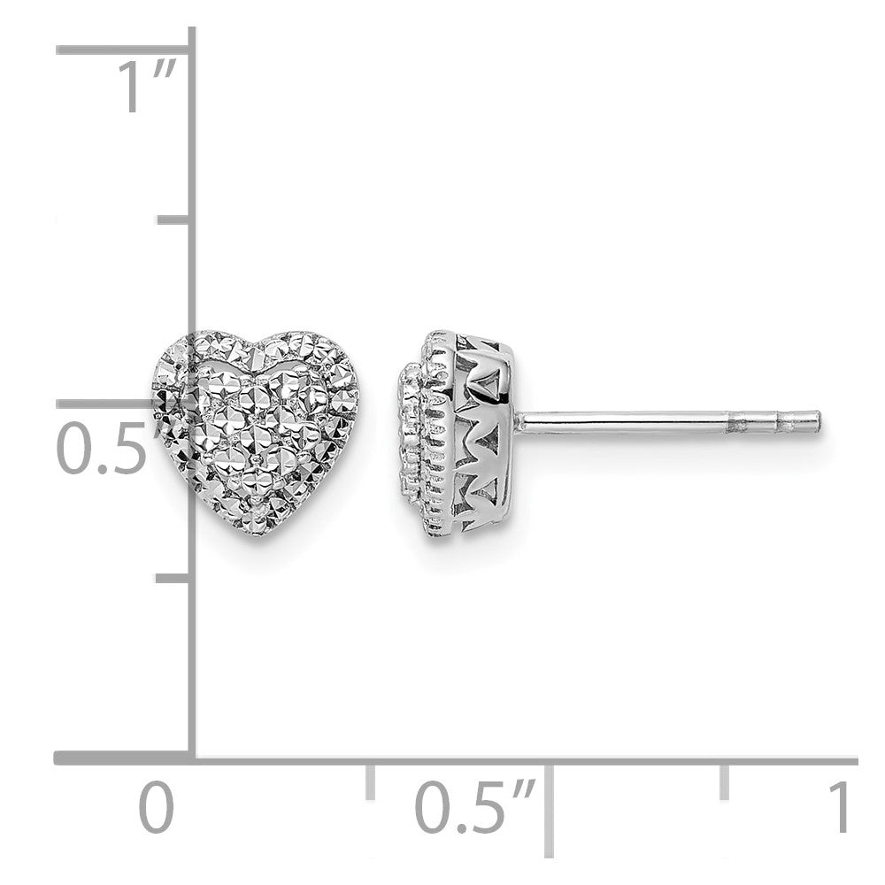 14k White Polished Diamond-cut Heart Post Earrings