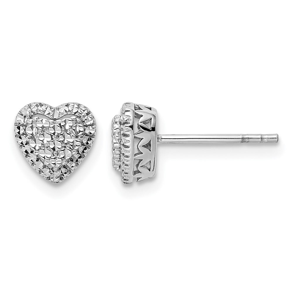 14k White Polished Diamond-cut Heart Post Earrings