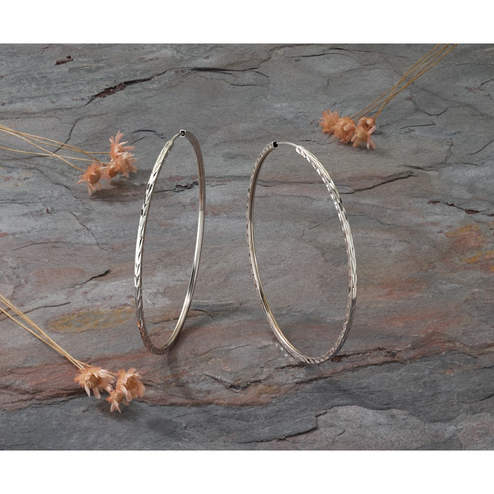 14k White Gold 1.35mm Diamond-cut Square Tube Endless Hoop Earrings
