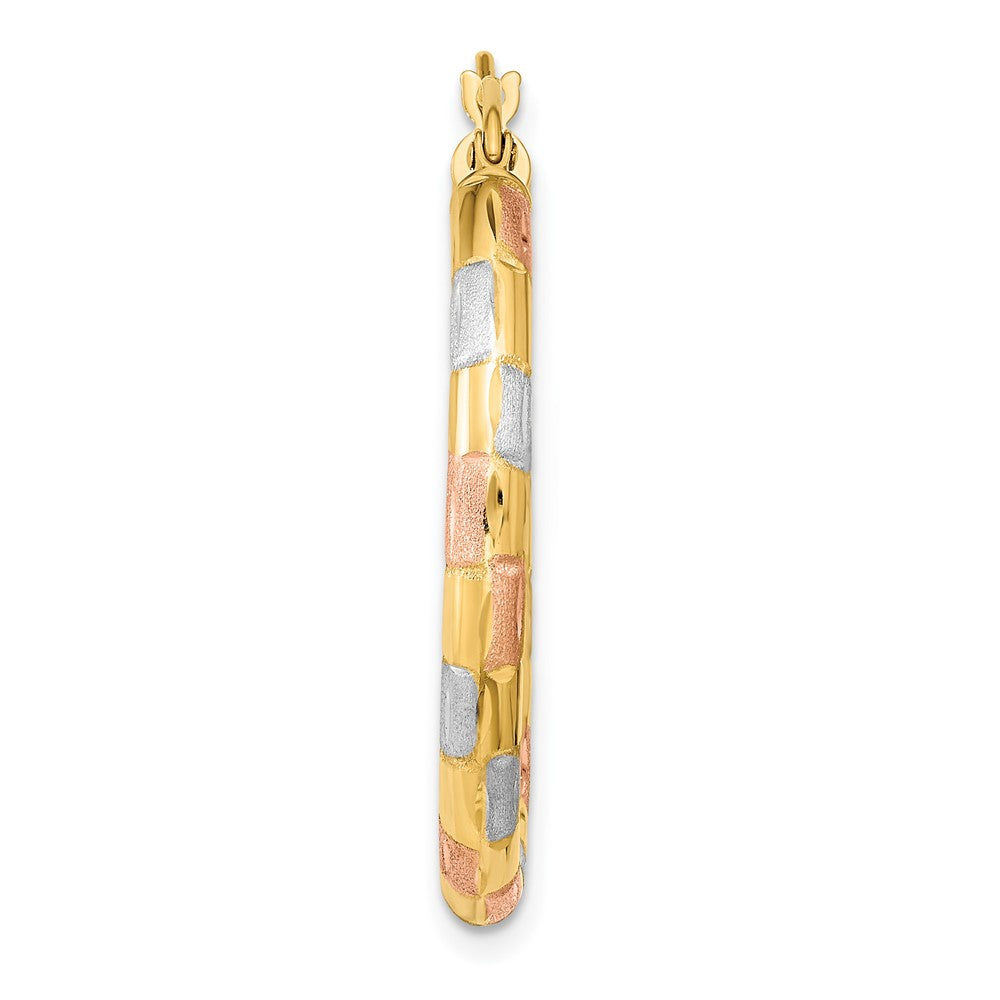 Single 14k w/ White and Rose Rhodium Polished Satin Diamond-cut Hoop Earrin
